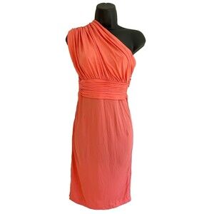 Halston Heritage One Shoulder Bodycon Mini Dress Stretch Peach Ruched Cocktail